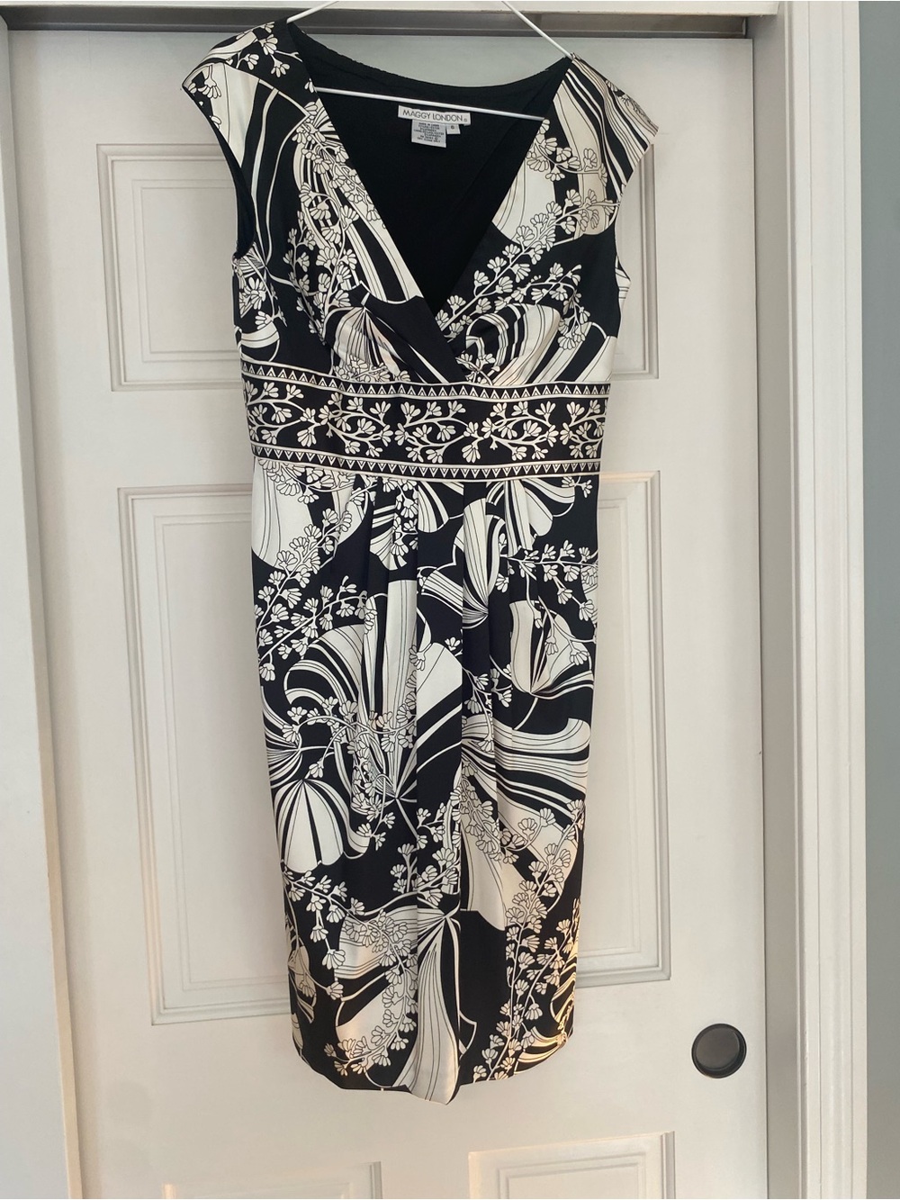 Maggy London Black and White Floral Faux-Wrap Midi Dress